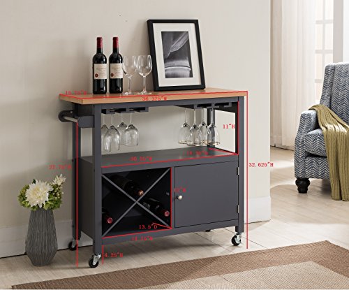 Kings Brand Furniture Grey / Natural Finish Wood Kitchen Storage Serving Cart With Wine Rack #TOP1