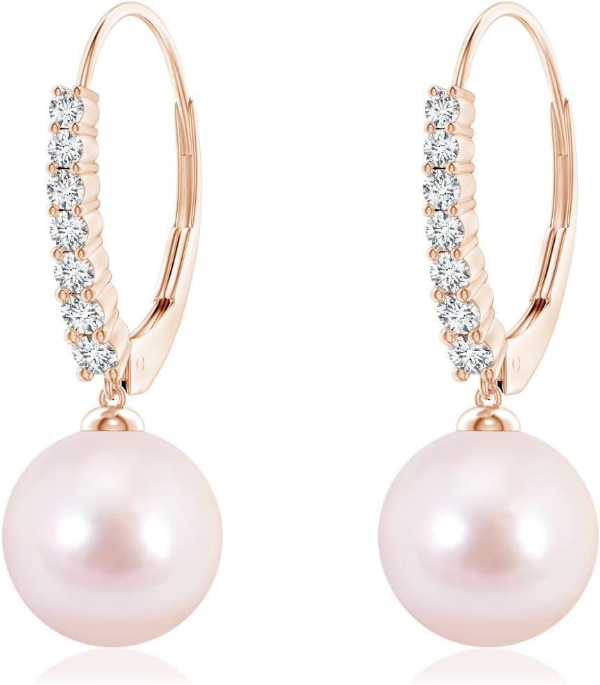 ANGARA Akoya Pearl Earrings for Women | Round Akoya Cultured Pearl Diamond Dangle Earrings in 14K Solid Gold | June Birthday, Anniversary, Gemstone Jewellery Gift