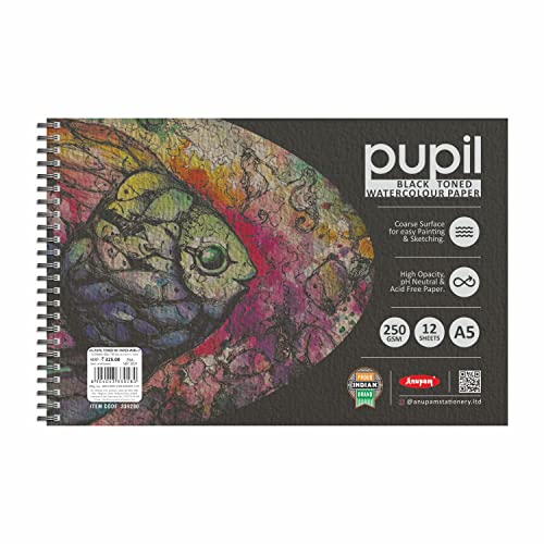 Image of Anupam Pupil Black Toned Watercolour Paper Wire-O Book - Cold Press Paper - 250 GSM - 12 Sheets -A5