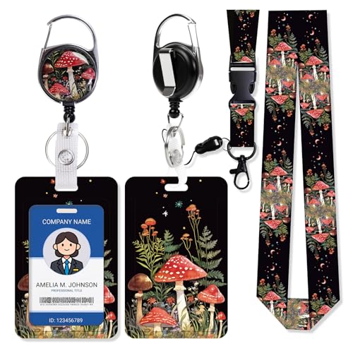 Mushroom Lanyards for ID Badges, Badge Holder with Retractable Reel Clip