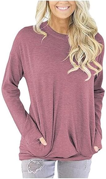 Womens Casual Shirts Round Neck Long Sleeve Fit Tunic Tops Pullover Baggy Comfy Sweatershirt Blouse with Pockets