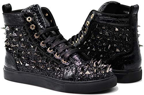 Enzo Romeo Men's Fashion High Top Crystal Shimmer Rhinestone Blink Flat Sneakers Shoes
