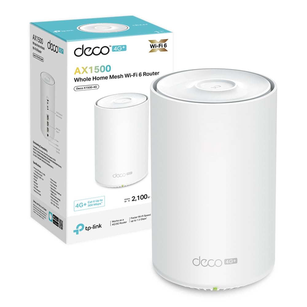 TP-Link Deco X1500-4G, Router 4G+ CAT6 con SIM Card, Wi-Fi 6 Mesh, Dual Band AX1500, Seamless Roaming, 3 Porte Gigabit Ethernet, Parental Control, 1 pz, Copertura fino a 190 m2, Compatibile con Alexa