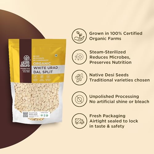 Image of Pure & Sure Organic White Urad Dal Split 1KG | 100% Natural | Rich in Protein, Iron & Fiber | No Chemicals & Additives (500g X Pack of 2)