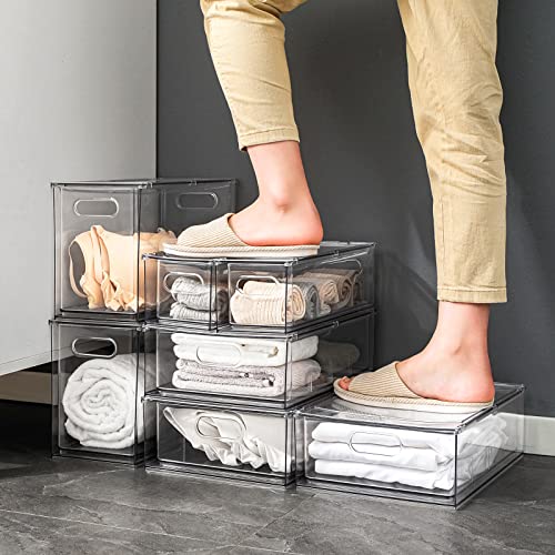 MANO Fridge Drawer Pull Out Stackable Bins with Handle Clear Refrigerator Drawers Organizer Food Storage Container Box with Dividers Plastic Produce Saver for Pantry, Cabinet, Kitchen, Clothes（4Pack）