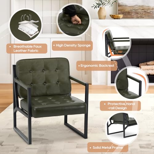 Image of COLAMY Accent Chairs Set of 2, Modern Accent Arm Chairs for Living Room, Comfy Leather Armchairs with Metal Legs for Reception Waiting Room Office Lobby, Green