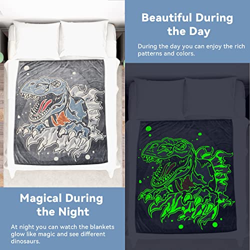Glow In The Dark Dinosaur Blanket For Boys Warm Soft Throw Blanket Personalized Dino Blankets Cute Glowing Flannel Blanket Bed Sofa For Kids Christmas Birthday Gift #TOP4