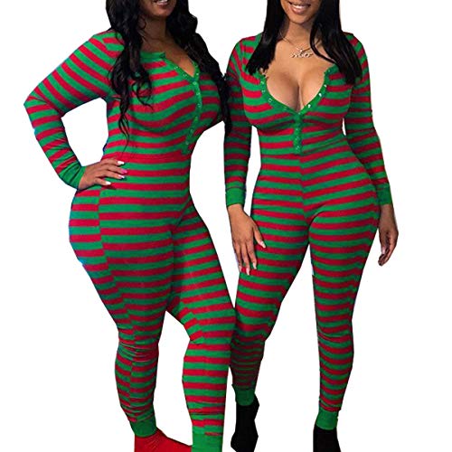 Women Striped One Piece Pajama Union Suit Underwear Set Long Sleeve Romper Jumpsuit Sleepwear (A Green, M)