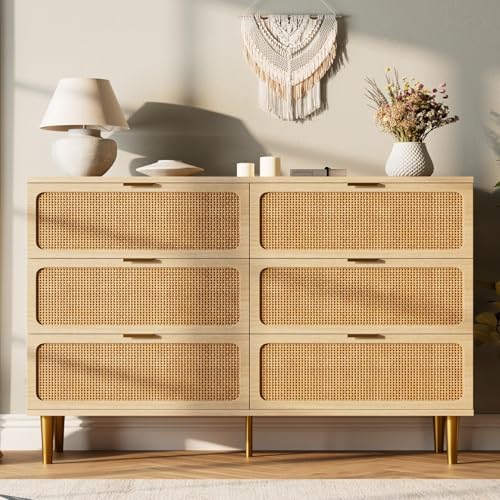 GarveeHome Rattan 6 Drawer Dresser for Bedroom, Large Double Dresser...