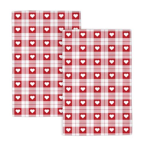 Image of Valentines Day Kitchen Towels Red Love Heart Plaid Dish Towels, 16x24 Inch Holiday Checkered Valentines Decorations Hand Towels Absorbent Dish Cloths for Kitchen Dinner Drying Set of 2