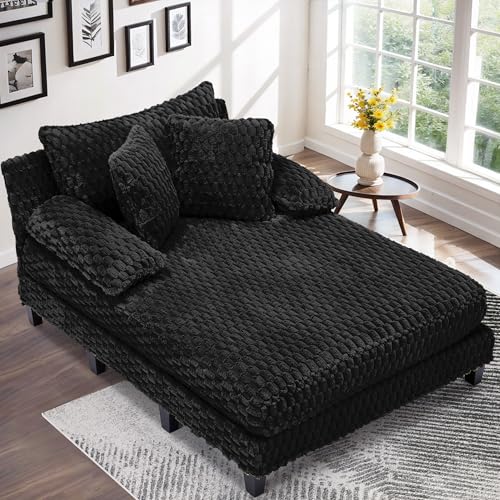 DIFYHOMEY Faux Fur Chaise Lounge Indoor with Adjustable Backrest, 59 Inches Single Sleeper Sofa Chair with 3 Lumbar Pillows, Upholstered Oversized Lounge Chair for Living Room, Bedroom, Office
