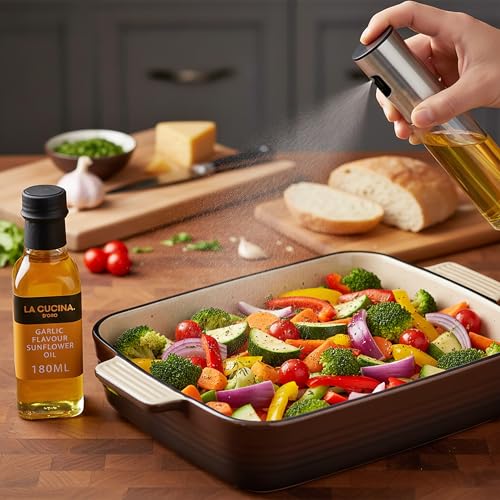 La Cucina D’Oro Oil Sprayer for Cooking & Air Fryer - 90ml Refillable Glass Oil Mister with Stainless Steel Pump + 180ml Garlic Sunflower Oil - Kitchen Gift Set for Roasting, Salad, BBQ & Baking - Image 3