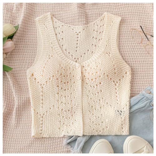 Image of Verdusa Women's Button Front Scoop Neck Hollow Out Knitted Sweater Vest Knit Tops Beige Medium