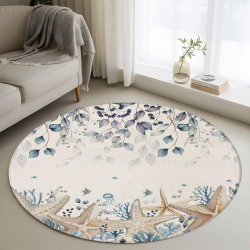 Blue Beige Coastal Round Rug 3.3' for Bedroom & Living Room