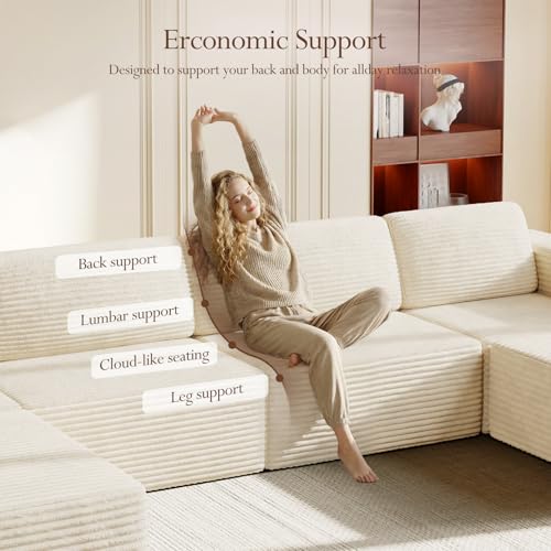 Image of Vesgantti 159 inch Large Modular Sectional Sofa, U-Shaped Corduroy Cloud Couch with Deep Seats & Spring Support, 4-Seater Boneless Sofa with 2 Movable Ottomans, No Assembly Needed, Beige