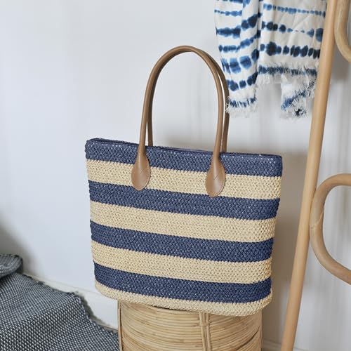 Bolso Tote de mujer de paja sintética a rayas ligero miniatura 5