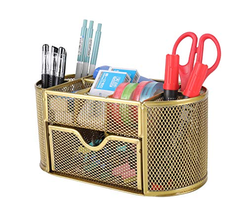 PAG Office Supplies Mesh Desk Organizer Pencil Holder Pen Cup Accessories Storage Caddy with Drawer for Women and Girls, 9 Compartments, GoldGold