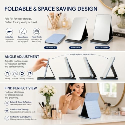 Image of Foldable PU Leather Makeup Mirror for Women, Clear Frameless Travel Vanity Mirror with Stand, Portable Desk Dressing Mirror for Makeup, & Office Use, Crocodile Texture Design 16 x 11 cm(Blue)