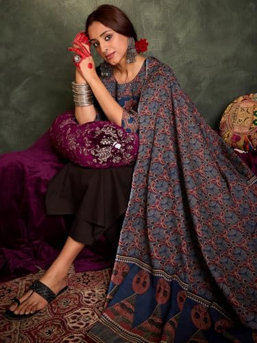Image of INDO ERA Women's Straight Pure Cotton Floral Self Design Kurta & Pant With Dupatta Set | Kurta Sets For Woman