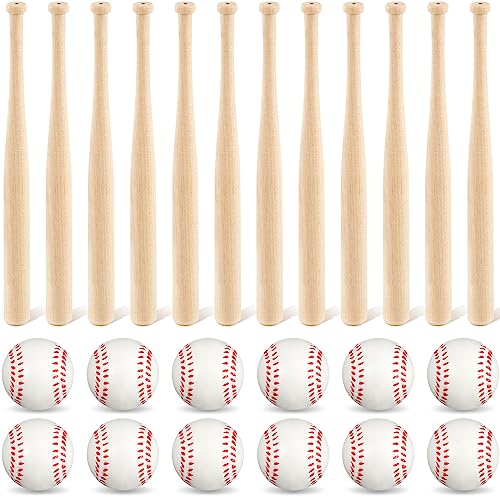 Libima 24 Pcs Baseball Party Favors 8 Inch Mini Baseball Bats and 2 Inch Foam Baseballs Set Unfinished Wood Small Bats for Painting DIY Sports Birthday Party Supplies Classroom Event Decorations