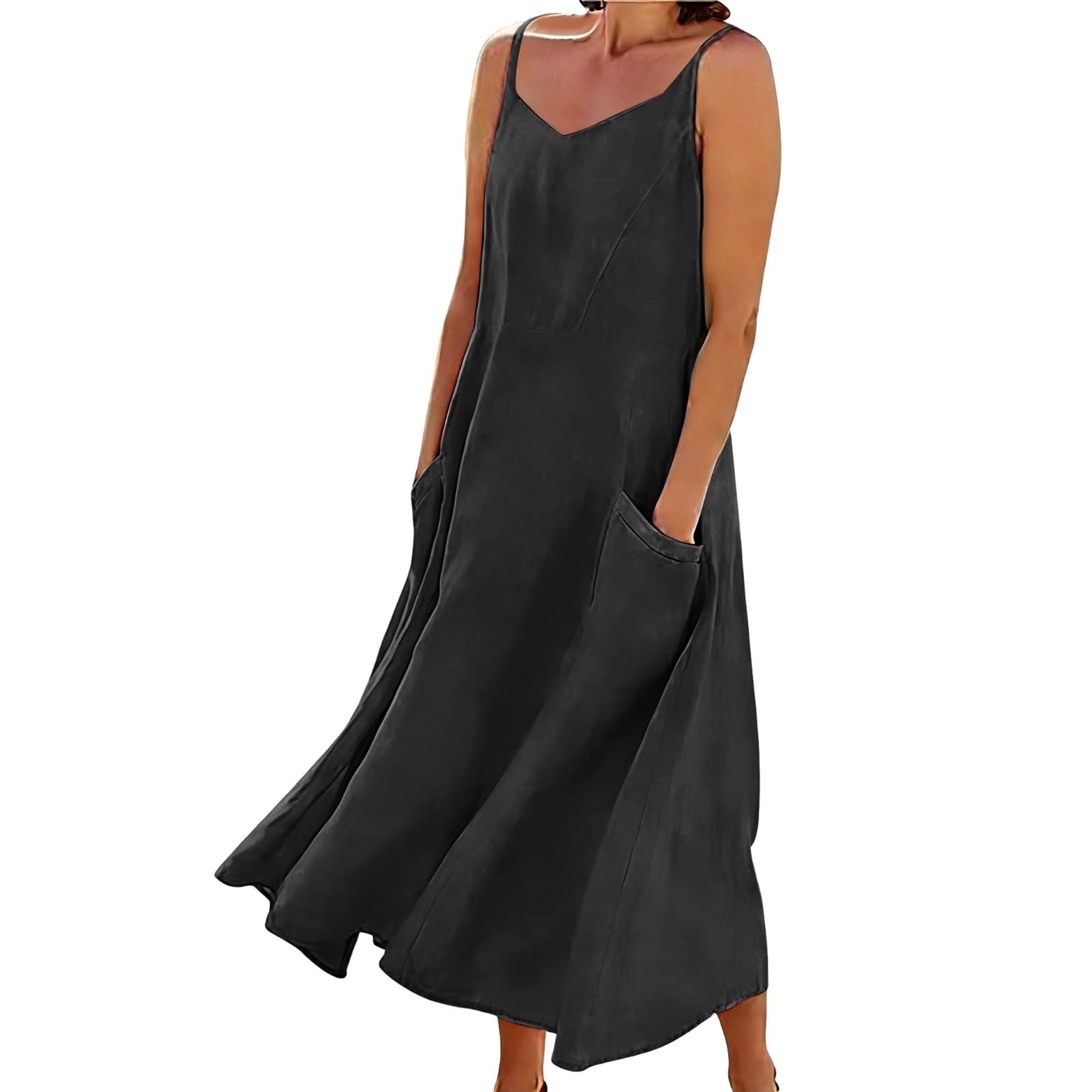 Vestido largo de espalda descubierta mujer elegante tirantes finos maxi vestidos | Vestido de verano para mujer, a la moda, color liso, sin mangas, suelto, con bolsillos, vestido de verano