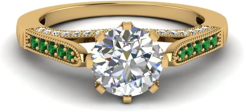 Choose Your Gemstone Cathedral Milgrain Diamond CZ Ring Yellow Gold Plated Round Shape Side Stone Engagement Rings Matching Jewelry Wedding Jewelry Easy to Wear Gifts US Size 4 to 12