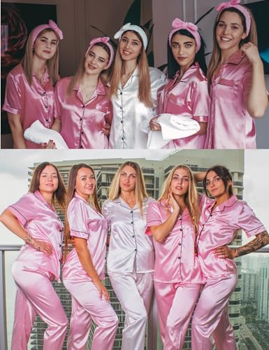 Image of SWOMOG Women Satin Pajamas Set Short Sleeve Top & Pants Sleepwear Silky Button Down Nightwear 2pcs Loungewear Pjs Set