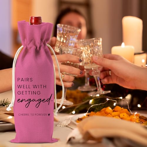 Image of Engaged Engagement Gifts for Couples Her Engagement Party Decorations | Engaged Wine Bag for Couple Women Pairs Well with Getting Engaged Wine Accessory Sets Pink Black