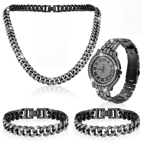 Huquary 4 Pcs Diamond Watch Cuban Link Chain Men Watch Set Hip Hop Jewelry Set Bling Rhinestone Necklace Bracelet Jewelry(Black)