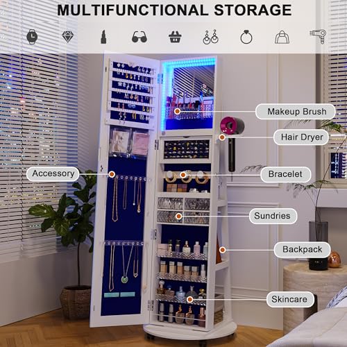 Image of HNEBC 360 Swivel Jewelry Armoire with Mirror, LED Mirror Jewelry Cabinet Standing, Full Length Mirror with Jewelry Storage, Standing Jewelry Organizer /Lockable Wheels /Foldable Makeup Shelf (A-White)