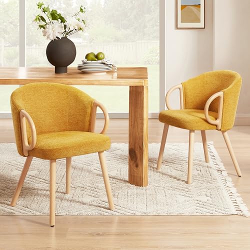 Zouron Lot De 2 Chaise de Salle à Manger (Pieds en Bois), Fauteuil (Tissu Polyester), Chaise de Bureau sans roulettes, Salon, Commode Disponible,Jaune