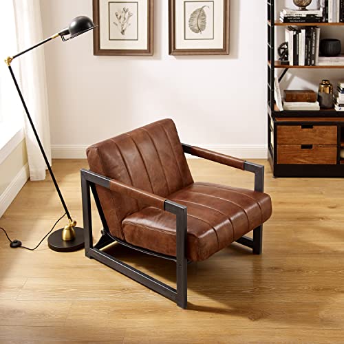 Art Leon Genuine Leather Accent Chairs, Set Of 2, Mid Century Modern Arm Chair With Black Metal Frame, Sofa Chairs For Living Room Bedroom, Cognac #TOP5
