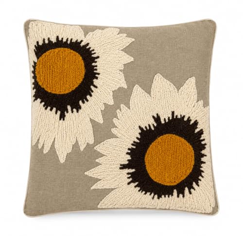 Image of Prista Hand Embroidered Cushion Covers Set of 2 | Sunflower Design | 16x16 Inch Boho Sofa Covers | Thick Cotton Tufted Embroidery | Hidden Zipper | Living Room Bedroom Decor (Vintage Sunflower)