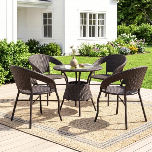 Image of DEVOKO 5 Piece Wicker Patio Conversation Furniture Set Outdoor Rattan Sectional Chair and Table Bistro Set for Backyard, Porch, Garden, Poolside, Balcony (Dark Brown)