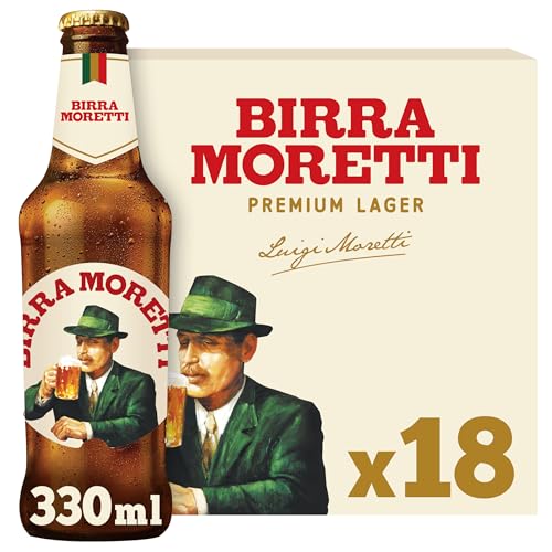 Birra Moretti Premium Italian Lager 4.6% ABV 18 x 330ml Glass Bottle Authentic Italian Beer Perfect with Good Food Deliciously Bitter Hoppy Taste Vegan Friendly Lager