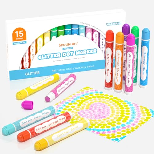 Shuttle Art Shimmer Dot Markers 15 Glitter Colors Washable Markers for Toddlers Bingo Daubers Supplies Kids Preschool Children Non Toxic Water-Based