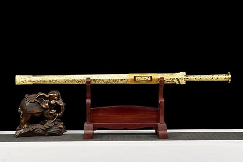 Miniatura 2 de Espada china, espadas Han Jian doradas reales (hoja de acero forjado de alto carbono, vaina de cuero falso, mango de aleación)