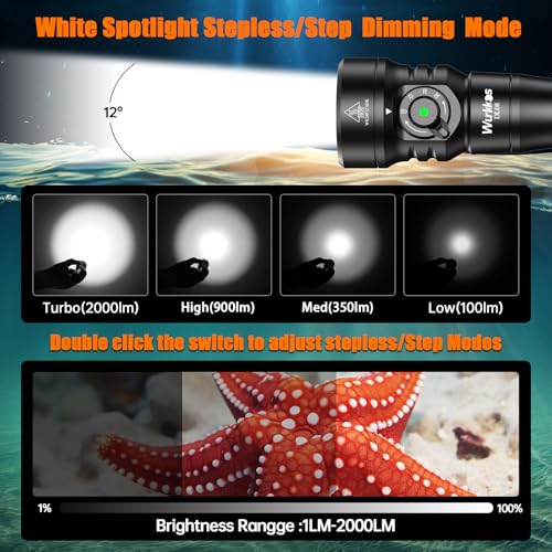 Wurkkos DL08 Unterwasser-Tauchlampe – 3600 Lumen, 274 Meter Reichweite, Rotlicht und UV, stufenlos dimmbar, mit Spot&Flutlichtmodi Type-C-Wiederaufladbar, IPX8 CRI 90 ideal für Unterwasserfotografie