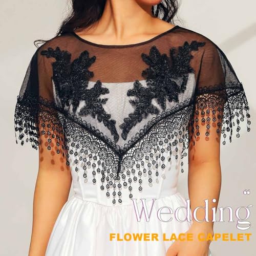 EVILD Women's Mesh Shawls Black Evening Dress Shrug Embroidered Flowers Wraps ﻿3