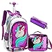 Lila Einhorn-Rucksäcke mit Rädern für Mädchen, primärer Trolley, Reisegepäck, magischer Pailletten-Schulrucksack mit Brotdose, 42 x 30 x 19 cm, rosarot