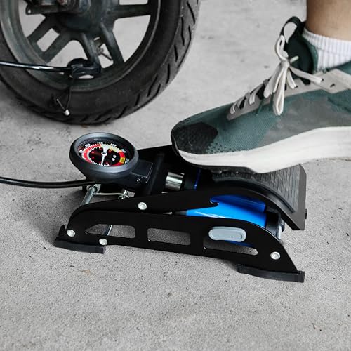 Image of Amazon Basics Foot Operated Tyre Inflator|160 PSI Double Cylinder Portable Foot Air Pump|Rapid Inflation|Hands-Free|Pumping for Car, Bike, Cycle, Balls, Mattresses & More, Black and Blue