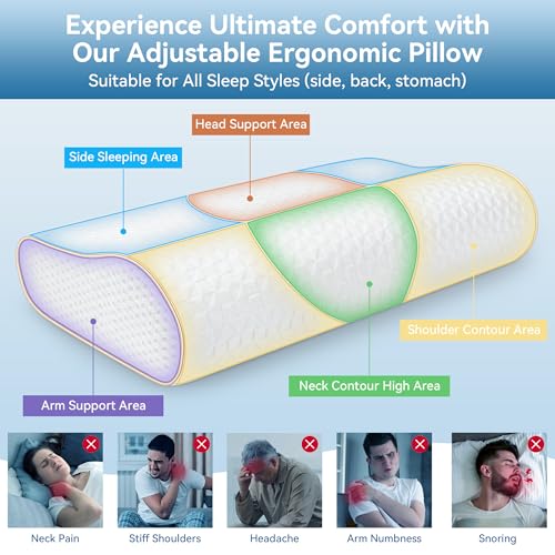 Sandwich Memory Foam Pillow for Sleeping - Ergonomic Cervical Cooling Pillows Queen Size, Adjustable Contour Pillow for Neck, Bed Pillow for Side, Back & Stomach Sleepers