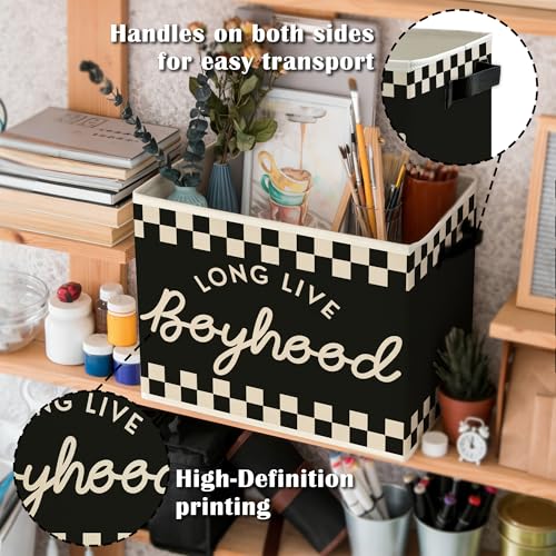 Image of Black and White Checkered Long Live Boyhood Boys Storage Bins Box with Handles, Collapsible Basket Organizer for Kids Boy Nursery Room Bedroom Bathroom Playroom Books Clothes