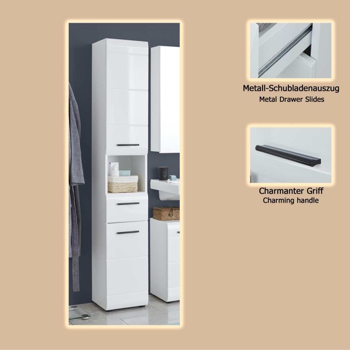 trendteam smart living - Skin - Hochschrank - Weiß/Weiß Hochglanz - 5 Fächer – Bild 8