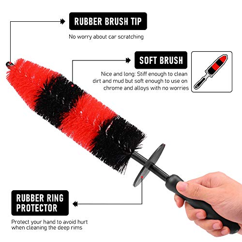 6 PCS Car Wheel Brush Cleaning Set, 16.5 Inch Long Soft Bristle Tire Brush and 5 Different Sizes Detailing Brush Kit For Washing Wheels Rims Exhaust Tips Vehicle Engine Air Vents And Interior