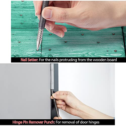 Spring Nail Tool Solid Carpenter Pencil Set, 2 Pcs Mechanical Construction Pencil with 12 Refills and Hammerless Nail Remover Hinge Pin Punch Set, Long Nose Wood Marking Pencil with Built in Sharpener