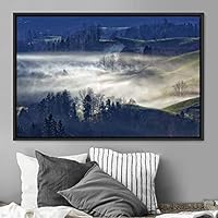 Framed Canvas Wall Art Foggy Mountains Aerial Cool Multicolor Nature Photography Realism Relax/Calm Rustic Wilderness - 16x24 inches
