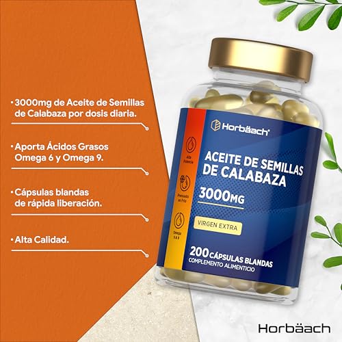 Miniatura 2 de Aceite De Semillas De Calabaza 3000mg 1350mg Omega 6 Y 450mg Omega 9 200 Cápsulas Máxima Potencia Prensado En Frío Y Extra Virgen Pumpkin Seed Oil De Horbaach