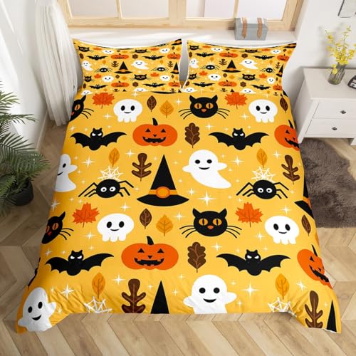 Erosebridal Halloween Duvet Cover Queen Cartoon Pumpkin Comforter Cover Lantern Bedding Ghost Quilt Cover for Kids Boys Girls Bedroom Decor 3 Pcs Bedding Set (1 Duvet Cover 2 Pillow Cases) O