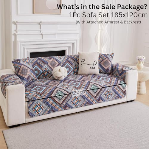 Image of HOMETHREADS Premium Style Anti Slip Sofa Cover Set | Cotton Sofa Slipcover | 1Pc Front Cover with Attached Armrest + 1Pc Back Cover (Sqaure Blue, 2 Seater | 120x185cm)